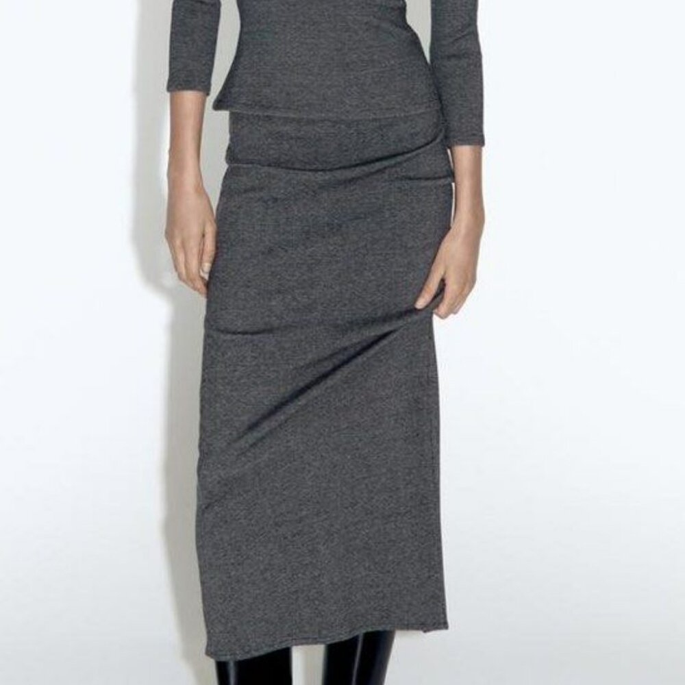 ZARA Textured Ribbed Midi Skirt Gray Marl Size M NEW with Tags!